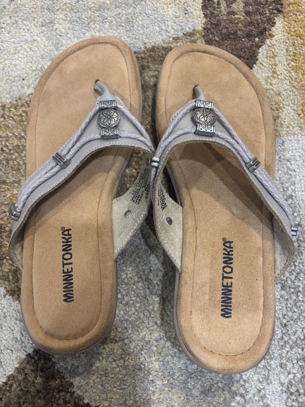Minnetonka Taupe Braided Thong Sandals with Silver Accents